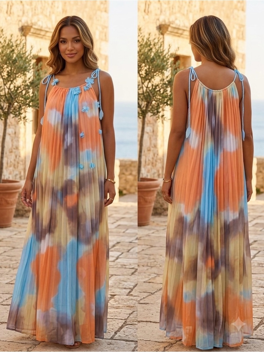 Pleated Tie-Dye Maxi Dress with Shoulder Ties - Orange & Blue